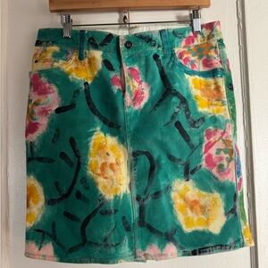 Hand painted Floral Green Denim Dress Skirt